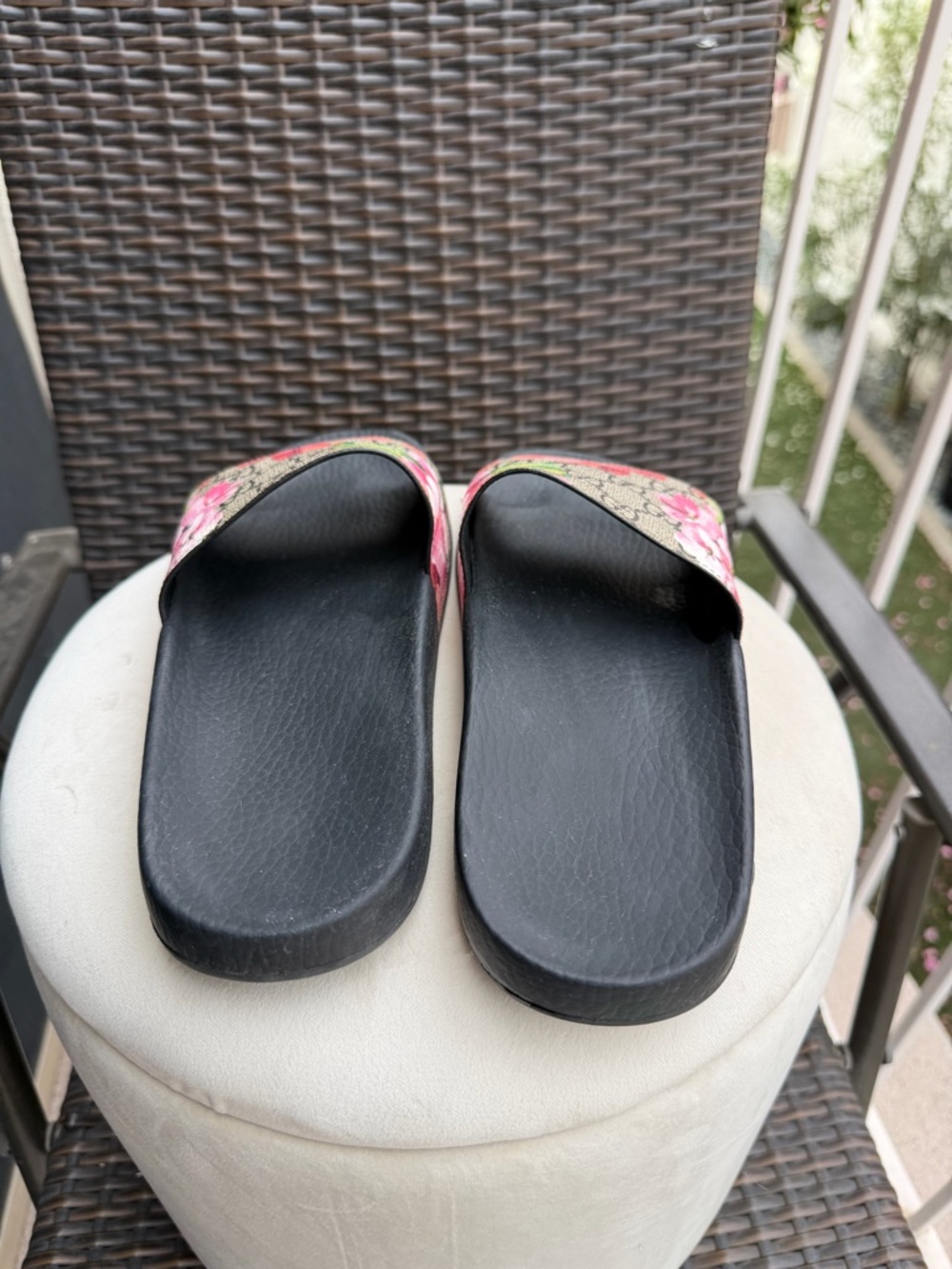 Gucci Floral Monogram Slide Sandals in Black with Pink and Green Accents - Picture 5 of 12